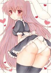 Rule 34 | 1girl, absurdres, alternate costume, animal ears, apron, ass, bad id, bad pixiv id, bent over, black dress, black thighhighs, blush, breasts, commentary, cowboy shot, dress, enmaided, eyelashes, from behind, grid background, heart, highres, large breasts, long hair, looking at viewer, maid, purple hair, rabbit ears, rabbit girl, rabbit tail, red eyes, reisen udongein inaba, ria (pixiv30053072), short dress, solo, standing, tail, texture, thighhighs, thighs, touhou, traditional media, white background