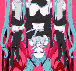 Rule 34 | 5girls, aqua eyes, aqua hair, black footwear, black skirt, black sleeves, boots, chromatic aberration, clone, colored skin, commentary, crossed arms, crossed legs, detached sleeves, eiku, empty eyes, forehead, frown, glaring, glitch, grey skirt, hair ornament, hanged, hatsune miku, head out of frame, highres, implied suicide, long hair, looking at viewer, midriff, multiple girls, navel, pink background, pleated skirt, shirt, signature, skirt, sleeveless, sleeveless shirt, slit pupils, swirl, thigh boots, thighs, twintails, upside-down, very long hair, vocaloid, white skin