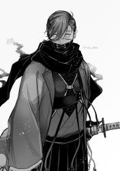 Rule 34 | 1boy, armor, cowboy shot, expressionless, fate/grand order, fate (series), gloves, grey background, greyscale, hakama, haori, highres, itokon300, japanese clothes, katana, kimono, light particles, long sleeves, looking at viewer, male focus, mask, monochrome, mouth mask, official alternate costume, scarf, short hair, simple background, solo, sword, twitter username, weapon, wide sleeves, yamanami keisuke (fate)