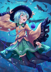 Rule 34 | 1girl, :d, air bubble, arm up, black hat, black thighhighs, blue footwear, blush, boots, bubble, commentary, feet out of frame, fish, frilled shirt collar, frilled sleeves, frills, green eyes, green hair, green skirt, hair between eyes, hand on headwear, hat, hat ribbon, highres, komeiji koishi, long sleeves, miniskirt, open mouth, ribbon, roke (taikodon), shirt, short hair, skirt, smile, solo, thighhighs, third eye, touhou, underwater, wide sleeves, yellow ribbon, yellow shirt