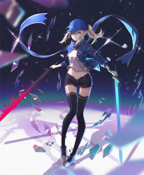 Rule 34 | 1girl, absurdres, ahoge, artoria pendragon (fate), baseball cap, black thighhighs, blonde hair, blue eyes, boots, commentary request, dual wielding, excalibur (fate/stay night), excalibur morgan (fate), fate/grand order, fate (series), full body, hair between eyes, hat, highres, holding, holding sword, holding weapon, jacket, long hair, long legs, looking at viewer, mysterious heroine x (fate), navel, nebu (pixiv22443854), open clothes, open jacket, open shorts, ponytail, shadow, short shorts, shorts, sidelocks, solo, standing, sword, thighhighs, weapon
