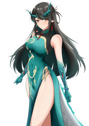 Rule 34 | 1girl, absurdres, arknights, bare legs, bare shoulders, black hair, bracelet, breasts, china dress, chinese clothes, closed mouth, commentary request, covered navel, cowboy shot, dragon girl, dragon horns, dragon tail, dress, dusk (arknights), earrings, green dress, highres, hiuyec, horns, jewelry, long hair, looking to the side, official alternate costume, parted bangs, pointy ears, simple background, solo, tail, tassel, tassel earrings, thighs, white background, yellow eyes
