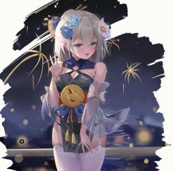 Rule 34 | 1girl, absurdres, bare shoulders, barefoot, black panties, blue eyes, blue flower, breasts, candy, chinese clothes, cleavage, fireworks, flower, food, food in mouth, hair between eyes, hair flower, hair ornament, highres, honkai (series), honkai impact 3rd, lollipop, looking at viewer, night, night sky, open mouth, panties, see-through, see-through sleeves, sky, small breasts, solo, theresa apocalypse, zhuge kongming (honkai impact), thighhighs, underwear, v, white flower, white hair, white thighhighs, zettai ryouiki, zhongwu chahui, zhuge kongming (honkai impact)