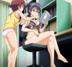 Rule 34 | 2girls, ass, barefoot, black hair, breasts, brown hair, cleavage, crossed arms, eroge! h mo game mo kaihatsu zanmai, feet, glasses, green eyes, highres, kosaka iori, large breasts, legs, long hair, multiple girls, navel, nipples, panties, reading, see-through, short hair, sideboob, sitting, small breasts, stitched, thighs, third-party edit, twintails, underwear