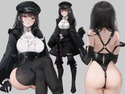 Rule 34 | 1girl, ass, bare shoulders, black footwear, black gloves, black hair, black headwear, black skirt, blush, boots, breasts, chowbie, closed mouth, crossed legs, elbow gloves, gloves, grey background, hat, large breasts, long sleeves, looking at viewer, maid master, multiple views, parted lips, red eyes, simple background, sitting, skirt, smile, thigh boots, thighhighs, thighhighs under boots, thighs