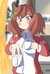 Rule 34 | 1girl, animal ears, aoi tenjiku, blurry, blurry background, blush, bow, brown eyes, closed mouth, coffee mug, commentary request, cup, ear bow, ear covers, green bow, highres, holding, holding cup, horse ears, horse girl, horse tail, indoors, jacket, long sleeves, medium hair, mug, nice nature (umamusume), red hair, red jacket, smile, solo, tail, tracen training uniform, track jacket, twintails, umamusume