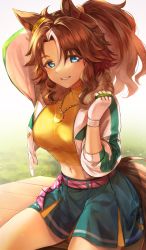 Rule 34 | 1girl, animal ears, belt, blue eyes, breasts, brown hair, crop top, cropped jacket, feet out of frame, fingerless gloves, glint, gloves, grass, hairband, highres, holding, holding hair, horse ears, horse girl, horse tail, jacket, jewelry, long hair, long sleeves, medium breasts, mejiro palmer (umamusume), midriff, multicolored hair, navel, necklace, nihudau, open clothes, open jacket, ponytail, shirt, sitting, skirt, smile, solo, streaked hair, tail, tying hair, umamusume, white hair