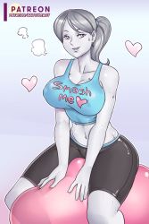 Rule 34 | 1girl, absurdres, ass, ball, bare shoulders, bike shorts, blue shirt, breasts, breath, cleavage, collarbone, colored skin, covered erect nipples, exercise ball, grey eyes, grey hair, grey skin, heart, highres, large breasts, nauth, navel, nintendo, ponytail, shirt, sitting, super smash bros., tank top, thick thighs, thighs, wii fit, wii fit trainer, wii fit trainer (female)