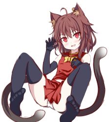 Rule 34 | 1girl, ahoge, animal ear fluff, animal ears, bare shoulders, black gloves, black thighhighs, blush, bow, bowtie, brown hair, cat ears, cat tail, chen, claw pose, earrings, elbow gloves, fang, flat chest, furagu, gloves, gold trim, hand up, highres, jewelry, looking at viewer, medium hair, multiple tails, nekomata, no headwear, open mouth, panties, pantyshot, petite, reclining, red eyes, red skirt, red vest, single earring, skirt, skirt set, slit pupils, smile, solo, spread legs, tail, thighhighs, toes, touhou, two tails, underwear, vest, yellow bow, yellow bowtie