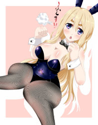 Rule 34 | 1girl, angry, animal ears, bad id, bad pixiv id, bare shoulders, blonde hair, blue eyes, bow, bowtie, breasts, cleavage, detached collar, fake animal ears, fishnets, fume, highres, k-on!, kotobuki tsumugi, large breasts, leotard, long hair, open mouth, pantyhose, playboy bunny, rabbit ears, rabbit tail, solo, tail, text focus, tomato (lycopene), wrist cuffs