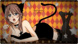 Rule 34 | 1girl, animal ears, bare shoulders, bell, neck bell, blue eyes, breasts, brown hair, cat ears, cat tail, cleavage, collar, dress, hairband, halloween, jingle bell, lying, on stomach, open mouth, original, short hair, solo, star (symbol), strapless, strapless dress, tail, tattoo, thighhighs