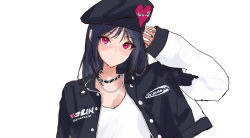 Rule 34 | 1girl, bad id, bad twitter id, beret, black hair, black hat, black jacket, expressionless, hair behind ear, hat, head tilt, highres, jacket, jewelry, long hair, minj kim, mole, mole under eye, necklace, open hand, original, photo-referenced, pink eyes, sketch, sleeves past wrists, solo, upper body, white background