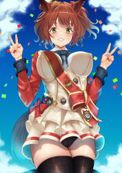Rule 34 | 1girl, animal ears, aston machan (umamusume), black bow, black bowtie, black thighhighs, blue sky, bow, bowtie, breasts, brown hair, buttons, cloud, cloudy sky, commentary request, confetti, cowboy shot, crown, double-breasted, double v, green eyes, grin, hair between eyes, highres, horse ears, horse girl, horse tail, large breasts, long sleeves, looking at viewer, mini crown, outdoors, sky, smile, solo, tail, thighhighs, tilted headwear, tsukareme, umamusume, v