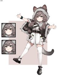 Rule 34 | 1girl, :o, animal ears, arknights, black capelet, black footwear, black wristband, brown background, brown hair, capelet, dress, expressions, fur-trimmed capelet, fur-trimmed hood, fur trim, highres, honeyberry (arknights), hood, hood up, hooded capelet, infection monitor (arknights), long hair, looking at viewer, low twintails, simple background, smile, soda (sod4), solo, standing, tail, thighhighs, twintails, two-tone background, white background, white dress, white thighhighs, yellow eyes, aged down