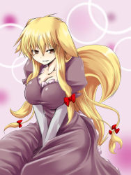 Rule 34 | 1girl, animal ears, between legs, blonde hair, bow, breast press, breasts, brown eyes, circle, cleavage, collarbone, dress, ears down, elbow gloves, female focus, fox ears, fox tail, frilled dress, frills, gloves, gradient background, hair bow, hair ribbon, hand between legs, kuon846, kuon yashiro, large breasts, long hair, looking at viewer, multiple hair bows, neck, no headwear, puffy short sleeves, puffy sleeves, purple background, purple dress, ribbon, short sleeves, sitting, smile, solo, tail, taut clothes, taut dress, teeth, thighs, touhou, very long hair, white gloves, yakumo yukari, yellow eyes