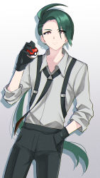 Rule 34 | 1girl, black gloves, black necktie, black pants, bright pupils, brown eyes, closed mouth, collared shirt, commentary request, cowboy shot, creatures (company), earrings, game freak, gloves, green hair, grey shirt, hand up, highres, holding, holding poke ball, jewelry, long hair, necktie, nintendo, pants, poke ball, poke ball (basic), pokemon, pokemon sv, ponytail, rika (pokemon), shirt, solo, suspenders, togura shisui, white pupils