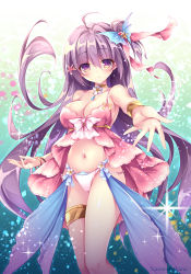 Rule 34 | 1girl, ahoge, armband, artist name, blue background, blush, breasts, camisole, choker, cleavage, collarbone, commentary request, floating hair, flower choker, gradient background, graphite (medium), hair between eyes, hair ornament, highres, long hair, looking at viewer, medium breasts, nanaroba hana, ocean, one side up, original, outstretched arm, panties, pink camisole, pink panties, purple eyes, purple hair, solo, sparkle, thigh strap, traditional media, underwear, very long hair, white background