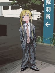Rule 34 | 1girl, absurdres, bad id, bad twitter id, black footwear, blonde hair, blue eyes, business suit, collared shirt, crossdressing, formal, gishiki (gshk), grey jacket, grey pants, hands in pockets, head tilt, highres, jacket, kill me baby, long sleeves, looking at viewer, necktie, open clothes, open jacket, outdoors, oversized clothes, pants, parted lips, pink necktie, pinstripe pants, pinstripe pattern, shirt, shoes, sign, solo, sonya (kill me baby), striped clothes, striped jacket, striped pants, suit, tree, twintails, vertical-striped clothes, vertical-striped jacket, vertical-striped pants, white shirt, wing collar