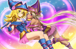 Rule 34 | 2girls, apprentice illusion magician, athenawyrm, bare shoulders, blonde hair, blush, blush stickers, boots, breasts, choker, cleavage, closed mouth, dark-skinned female, dark magician girl, dark skin, dress, duel monster, full body, green eyes, hair between eyes, hat, long hair, looking at viewer, medium breasts, multicolored background, multiple girls, purple dress, shiny skin, smile, sparkle, spiked hair, swept bangs, very long hair, wand, wizard hat, yu-gi-oh!