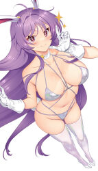 Rule 34 | 1girl, animal ears, bikini, breasts, dutch angle, gloves, hataraki kuma, highres, large breasts, long hair, looking at viewer, nontraditional playboy bunny, one eye closed, open mouth, playboy bunny bikini, purple hair, rabbit ears, rabbit girl, red eyes, reisen udongein inaba, simple background, smile, solo, swimsuit, thighhighs, thighs, touhou, white background, white bikini, white footwear, white gloves, white thighhighs