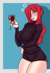 Rule 34 | 1girl, blue background, blush, border, breasts, cowboy shot, cup, drinking glass, grey border, hair over one eye, highres, large breasts, long hair, looking at viewer, parasoul (skullgirls), parted lips, red hair, red lips, skirt, skullgirls, solo, sweatdrop, sweater, thick thighs, thighs, turtleneck, turtleneck sweater, wine glass, yellow eyes
