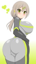 Rule 34 | 1girl, ass, blush, bodysuit, breasts, cameltoe, embarrassed, fat mons, from behind, gloves, green eyes, grey hair, hair ornament, hairclip, heart, highres, hip focus, huge ass, huge breasts, impossible clothes, long hair, looking at viewer, low twintails, original, ponytail, shiny clothes, sideboob, skin tight, solo, thighs, twintails, wide hips, ym 11