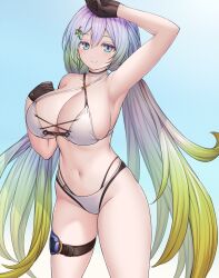 Rule 34 | 1girl, arm up, armpits, asamura hiori, bare shoulders, bikini, black gloves, blush, breasts, cleavage, collarbone, criss-cross halter, cupitan (granblue fantasy), gloves, gradient hair, granblue fantasy, green eyes, green hair, grey hair, halterneck, highres, huge breasts, long hair, looking at viewer, low twintails, multicolored hair, navel, official alternate costume, smile, solo, swimsuit, thigh strap, thighs, twintails, very long hair, white bikini
