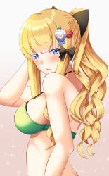 Rule 34 | 1girl, bikini, blonde hair, blue eyes, blush, breasts, from side, gradient background, green bikini, hair ornament, hair ribbon, highres, kamopan1007, large breasts, long hair, looking at viewer, medium breasts, parted lips, pointy ears, princess connect!, ribbon, saren (princess connect!), sideboob, solo, sparkle, swimsuit, upper body