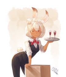 Rule 34 | aidenr0, alcohol, animal ears, barista, bartender, bow, bowtie, rabbit ears, rabbit tail, cup, drinking glass, embarrassed, leaning forward, red eyes, server, tail, tuxedo, waitress, white hair, wine, wine glass