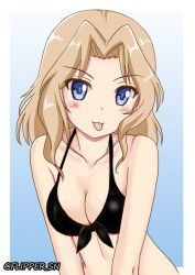 Rule 34 | 1girl, :p, bikini, black bikini, blonde hair, blue background, blue eyes, breasts, cleavage, closed mouth, commentary, flipper, front-tie bikini top, front-tie top, girls und panzer, gradient background, hair intakes, kay (girls und panzer), leaning to the side, long hair, looking at viewer, medium breasts, one-hour drawing challenge, outside border, smile, solo, swimsuit, tongue, tongue out, twintails, upper body
