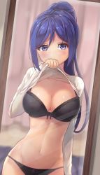 Rule 34 | 10s, 1girl, absurdres, arm at side, black bra, black panties, blue hair, blurry, blush, bow, bow bra, bow panties, bra, breasts, cleavage, clothes lift, covered mouth, cowboy shot, curtains, depth of field, eyebrows, groin, highres, indoors, large breasts, lifting own clothes, long hair, long sleeves, looking at viewer, love live!, love live! sunshine!!, matsuura kanan, mirror, motokonut, navel, no pants, nose blush, panties, ponytail, purple eyes, reflection, shiny skin, shirt, shirt lift, side-tie panties, solo, standing, stomach, t-shirt, underwear, wall