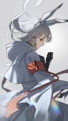 Rule 34 | 1girl, animal ear fluff, animal ears, arknights, armband, black gloves, cape, from side, frostnova (arknights), gloves, grey background, grey cape, grey eyes, hair ornament, hairclip, hand up, highres, hood, hood down, long hair, looking at hand, looking to the side, nanase (nanase cg), orange armband, rabbit ears, rabbit girl, reunion logo (arknights), scar, scar on face, scar on nose, simple background, solo, upper body, white hair