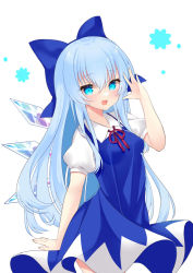 Rule 34 | 1girl, :d, alternate hair length, alternate hairstyle, blue bow, blue dress, blue eyes, blue hair, bow, breasts, cirno, dress, hair between eyes, hair bow, hand up, ice, ice wings, long hair, looking at viewer, open mouth, puffy short sleeves, puffy sleeves, red ribbon, ribbon, short sleeves, simple background, small breasts, smile, solo, tosakaoil, touhou, white background, wings