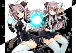 Rule 34 | 2girls, animal ears, blue eyes, blush, boots, brown hair, cat ears, cat girl, cat tail, character name, dress, fang, female focus, glowing, glowing hand, grin, liese aria, liese lotte, long hair, lyrical nanoha, mahou shoujo lyrical nanoha, mahou shoujo lyrical nanoha a&#039;s, multiple girls, one eye closed, san-pon, short hair, simple background, smile, tail, thighhighs, white background, white legwear, wink