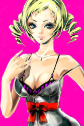 Rule 34 | 1girl, atlus, bare shoulders, blonde hair, blue eyes, bra, breasts, catherine, catherine (game), choker, cleavage, dress, drill hair, female focus, halmilia, jewelry, long hair, lowres, necklace, purple bra, red ribbon, ribbon, simple background, solo, twin drills, twintails, underwear
