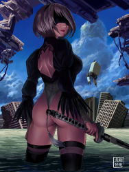 Rule 34 | 1girl, ass, back cutout, black footwear, black hairband, black thighhighs, blindfold, boots, clothing cutout, covered eyes, drone, feather-trimmed sleeves, from behind, hairband, highres, leotard, lips, long sleeves, mole, mole under mouth, nier (series), nier:automata, no pants, pod (nier:automata), ruins, ryu shou, silver hair, solo, thigh boots, thighhighs, thighhighs under boots, wading, white leotard, 2b (nier:automata)