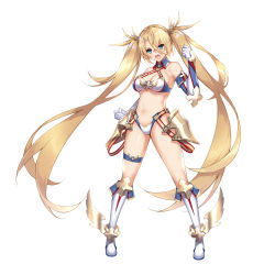 Rule 34 | 1girl, bare shoulders, bikini, blonde hair, blue bikini, blue eyes, bradamante (fate), bradamante (third ascension) (fate), braid, breasts, dean (momodean), detached collar, elbow gloves, fate/grand order, fate (series), french braid, full body, gloves, long hair, medium breasts, navel, simple background, solo, standing, swimsuit, thigh strap, twintails, two-tone bikini, very long hair, white background, white bikini