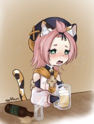 Rule 34 | 1girl, absurdres, alcohol, animal ears, beer, beer bottle, beer mug, cat ears, cat girl, cat tail, cup, diona (genshin impact), drunk, genshin impact, hair tie, hat, highres, mug, non-web source, open mouth, pink hair, short hair, tail