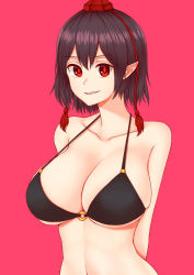 Rule 34 | 1girl, arms behind back, bare arms, bare shoulders, bikini, black bikini, black hair, breasts, chomae, collarbone, commentary request, grin, hair between eyes, halterneck, hat, highres, korean commentary, large breasts, looking at viewer, navel, o-ring, o-ring bikini, pointy ears, red background, red eyes, shameimaru aya, short hair, simple background, smile, solo, stomach, swimsuit, tassel, tokin hat, touhou, upper body