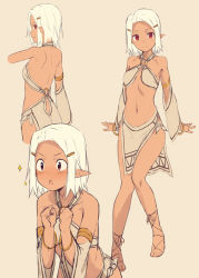 Rule 34 | 1girl, ankle lace-up, arm support, armlet, ass, back, bandeau, bangle, bracelet, breasts, chestnut mouth, clenched hands, cross-laced footwear, dark-skinned female, dark elf, dark skin, detached sleeves, elf, female focus, from behind, hair ornament, hairclip, halterneck, halterneck, jewelry, kinta (distortion), light smile, looking at viewer, midriff, multiple views, navel, o-ring, o-ring top, open mouth, original, panties, pelvic curtain, pointy ears, profile, red eyes, revealing clothes, short hair, side-tie panties, simple background, sketch, small breasts, sparkle, standing, tan, tan background, toes, underwear, white hair