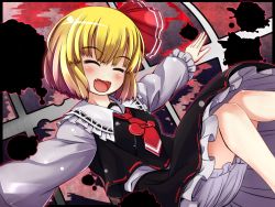 Rule 34 | 1girl, ^ ^, blonde hair, closed eyes, dress, closed eyes, fangs, female focus, hair ribbon, necktie, open mouth, outstretched arms, ribbon, rumia, short hair, sibelurabbi, solo, touhou