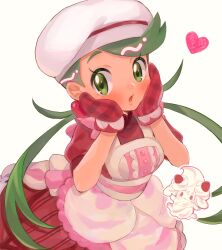 Rule 34 | 1girl, :o, abe (kumayu), alcremie, alcremie (strawberry sweet), apron, blush, buttons, chef hat, commentary request, creatures (company), dress, eyelashes, game freak, gen 8 pokemon, green eyes, green hair, hands up, hat, heart, highres, long hair, mallow (palentine&#039;s 2023) (pokemon), mallow (pokemon), mittens, nintendo, official alternate costume, oven mitts, pokemon, pokemon masters ex, red dress, red mittens, short sleeves, simple background, swept bangs, twintails, white background, white headwear