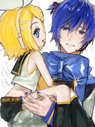 Rule 34 | 1boy, 1girl, aged down, bare shoulders, black collar, black shorts, blonde hair, blue hair, blue nails, blue scarf, bow, carrying, child, collar, collared shirt, crop top, fang, from side, hair bow, hair ornament, hairclip, headphones, holding person, kagamine rin, kaito (vocaloid), korpokkur kne, leg warmers, looking at viewer, nail polish, open mouth, sailor collar, scarf, shirt, short hair, short shorts, shorts, skin fang, sleeveless, sleeveless shirt, smile, sweat, swept bangs, translated, vocaloid, white bow, white shirt