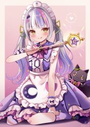 Rule 34 | 1girl, :q, apron, black footwear, blunt bangs, blush, brown eyes, closed mouth, commentary request, crescent, detached sleeves, dress, frilled apron, frills, grey hair, heart, holding, holding wand, hololive, long hair, looking at viewer, multicolored hair, murasaki shion, murasaki shion (magical girl maid), nail polish, pink nails, puffy short sleeves, puffy sleeves, purple dress, purple hair, purple socks, sakura hiyori, shoes, short sleeves, sitting, sleeveless, sleeveless dress, smile, socks, solo, spoken heart, star (symbol), streaked hair, tongue, tongue out, twintails, two-tone hair, very long hair, virtual youtuber, waist apron, wand, white apron, white sleeves