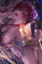 Rule 34 | 1girl, :d, bare shoulders, barefoot, bikini, blush, breasts, dokuro-kun (houshou marine), dutch angle, earrings, feet, flower, hair flower, hair ornament, heart, heart earrings, heterochromia, highres, hololive, houshou marine, jewelry, large breasts, legs up, lying, mo:oku, multi-strapped bikini, off shoulder, on stomach, open mouth, outdoors, palm tree, purple flower, red bikini, red eyes, red hair, skindentation, smile, soles, solo, strap pull, string, string bikini, swimsuit, the pose, toes, tree, twintails, virtual youtuber, water, wet, yellow eyes