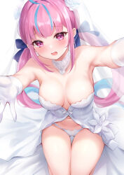 Rule 34 | 1girl, ahoge, armpits, bare arms, bare shoulders, bow, breasts, bridal veil, bride, center opening, choker, dress, gloves, hair bow, hololive, long hair, looking at viewer, medium breasts, minato aqua, multicolored hair, navel, nikoo, open mouth, outstretched arms, panties, pink eyes, pink hair, revealing clothes, sitting, solo, stomach, strapless, strapless dress, streaked hair, thigh gap, thighs, twintails, two-tone hair, underwear, veil, very long hair, virtual youtuber, wedding dress, white choker, white dress, white gloves, white panties