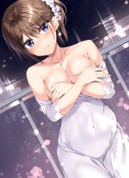 Rule 34 | 1girl, bare shoulders, blue eyes, boku no kanojo sensei, breasts, brown hair, cleavage, collarbone, covered navel, covering privates, covering breasts, cowboy shot, dress, dutch angle, earrings, flower, frown, fujiki maka, groin, hair flower, hair ornament, jewelry, large breasts, long hair, looking at viewer, necklace, night, no bra, oryo (oryo04), rooftop, sky, solo, star (sky), starry sky, white dress