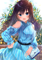 Rule 34 | 1girl, :d, bag, belt, belt buckle, black belt, blue dress, blue eyes, blue sky, blurry, blurry background, blush, brown hair, buckle, carrying, clothing cutout, cloud, cloudy sky, commentary request, day, depth of field, dress, earrings, flower, gyozanuko, hair between eyes, hand on own hip, handbag, highres, jewelry, long hair, long sleeves, looking at viewer, open mouth, original, outdoors, puffy long sleeves, puffy sleeves, shoulder carry, shoulder cutout, sky, smile, solo, striped clothes, striped dress, vertical-striped clothes, vertical-striped dress, very long hair, yellow flower