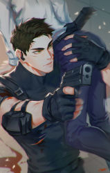 Rule 34 | 2boys, belt, blood, blood on face, brown hair, carrying, earpiece, elbow pads, green eyes, gun, haikyuu!!, hand on own ass, highres, hingdoong, holding, holding gun, holding weapon, holster, multiple boys, oikawa tooru (haikyuu!!), over shoulder, pants, police, pool of blood, standing, torn clothes, ushijima wakatoshi, weapon