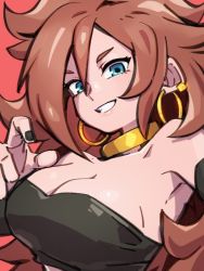 Rule 34 | 1girl, android 21, bare shoulders, black nails, blue eyes, breasts, choker, cleavage, clenched teeth, dragon ball, dragon ball fighterz, earrings, hair between eyes, hoop earrings, jewelry, kemachiku, long hair, looking at viewer, majin android 21, medium breasts, nail polish, red background, red eyes, simple background, smile, solo, teeth, upper body, yellow choker